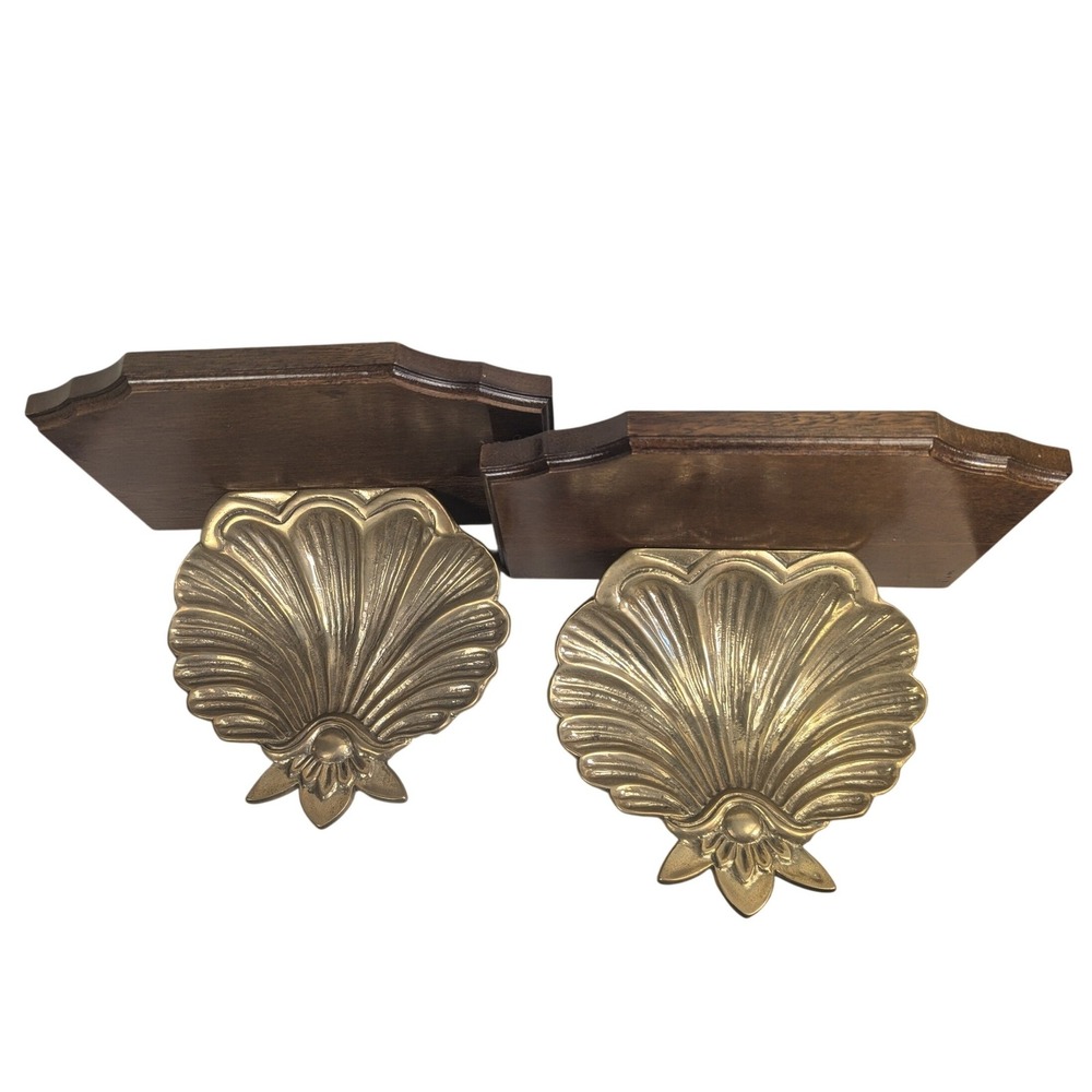Decorative Crafts Inc Brass Scallop Shell Wood Floating Wall Shelves Pair 2601
